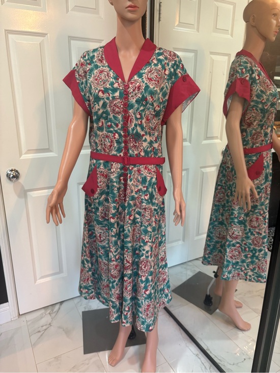 rock n romance Dresses & Skirts - Vintage 1950s 1940s Pinup Teal and Pink Floral Midi Dress with Belt